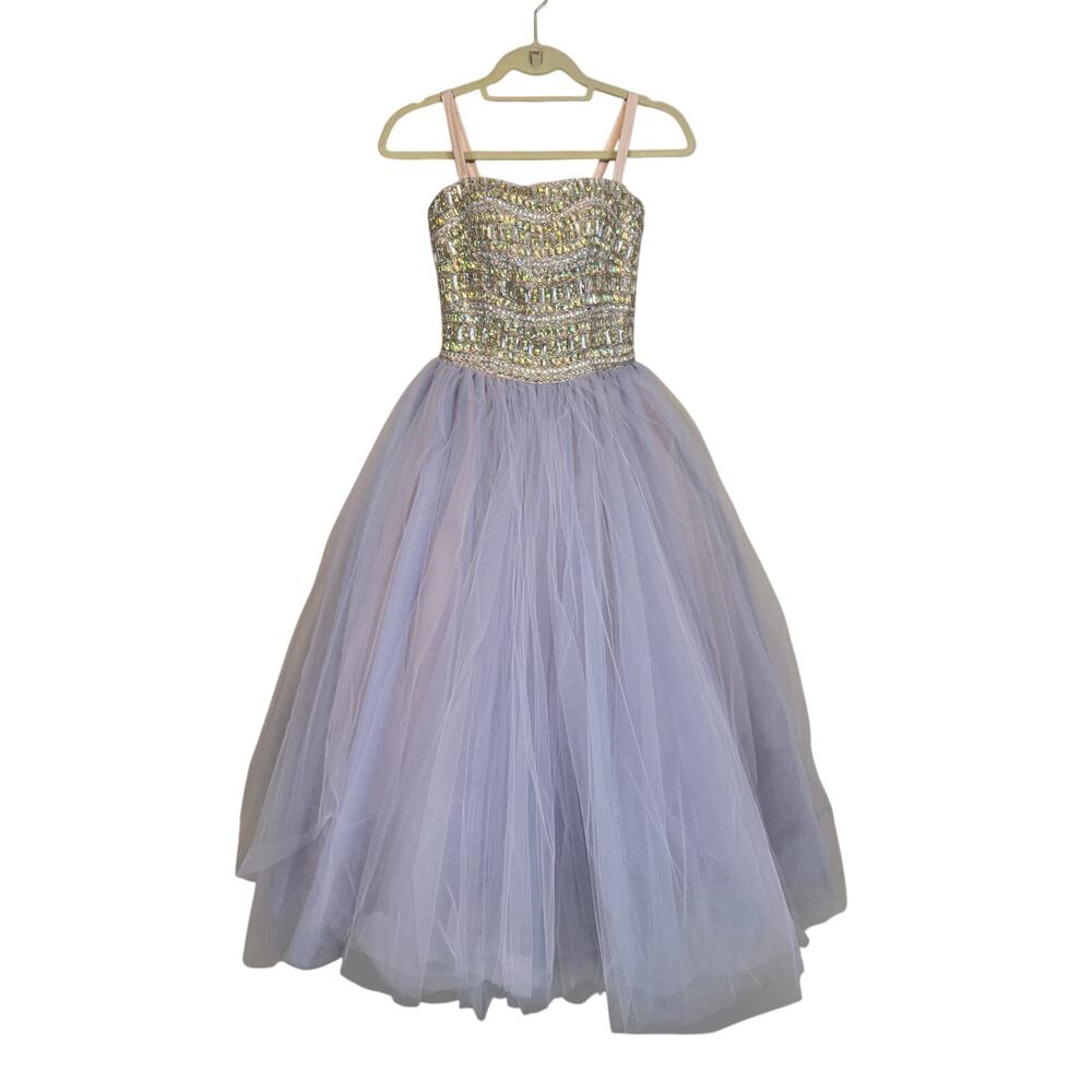 Mori Lee Designer Crystal Beaded Light Purple‎ Silver Tulle Ballgown Small